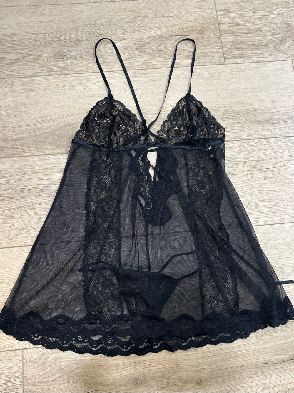 Adore Me Sheer Lace Babydoll top with g-string - Black